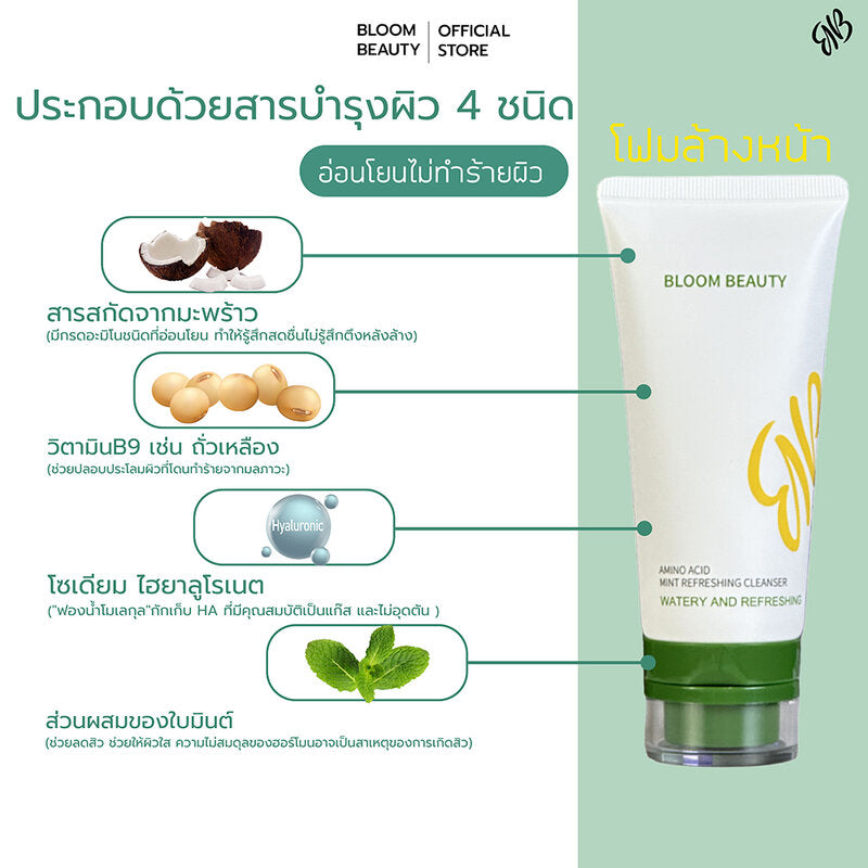 BLOOM BEAUTY Amino Acid Mint Refreshing Cleanser Facial Foam 80g
