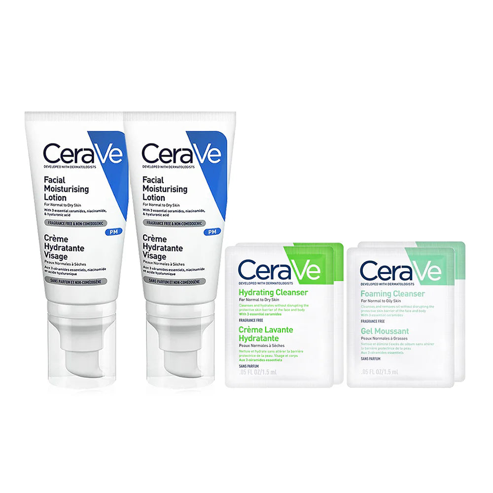 CeraVe Facial Moisturizing Lotion 52ml x 2pcs + Foaming Cleanser 1.5ml x 2pcs + Hydrating Cleanser 1.5ml x 2pcs