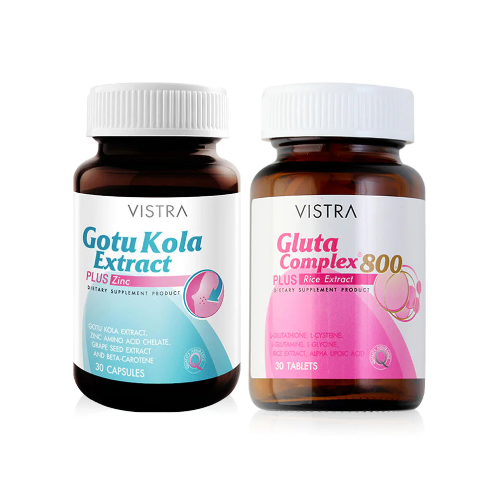 Vistra Set Skin Glow Gotu Kola Extract Plus Zinc 30 Capsules + Gluta Complex 800 Plus Rice Extract 30 Tablets