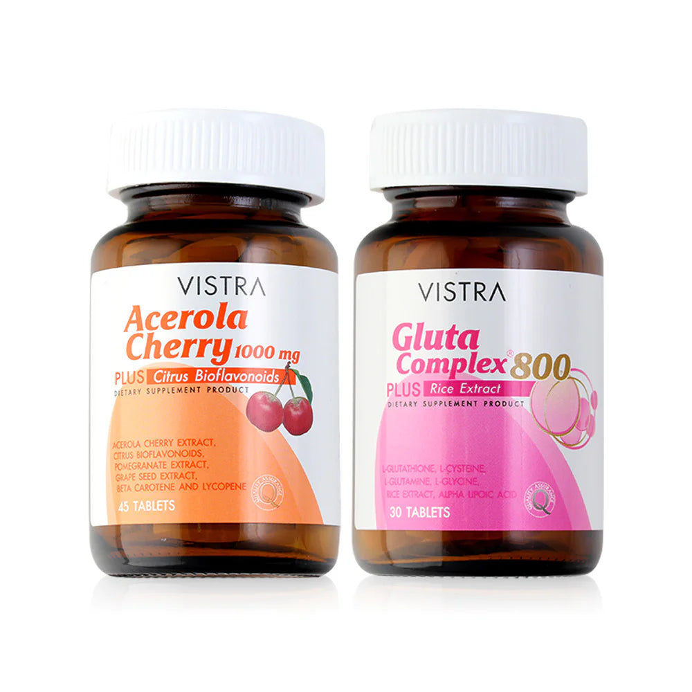 Vistra Set Skin Beauty Gluta Complex 800 Plus Rice Extract 30 Tablets + Acerola Cherry 1000mg Plus Citrus Bioflavavonoids 45 Tablets