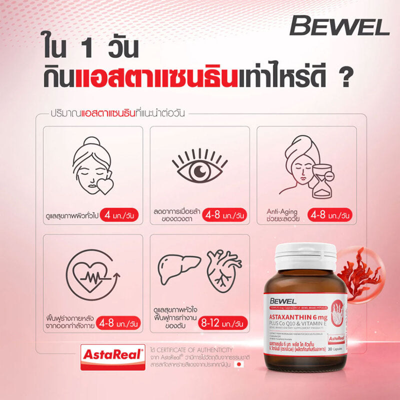 BEWEL Astaxanthin 6 Mg Plus Co-Q10 & Vitamin-E 30 Capsules