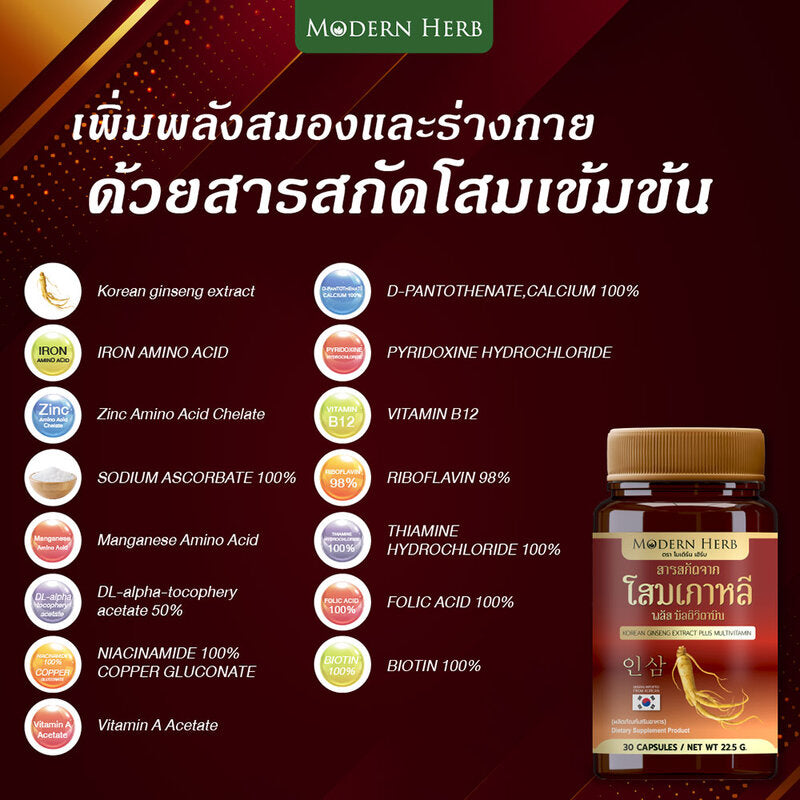 Modern Herb Korean Ginseng Extract Plus Multivitamin Dietary Supplement 30 Capsules