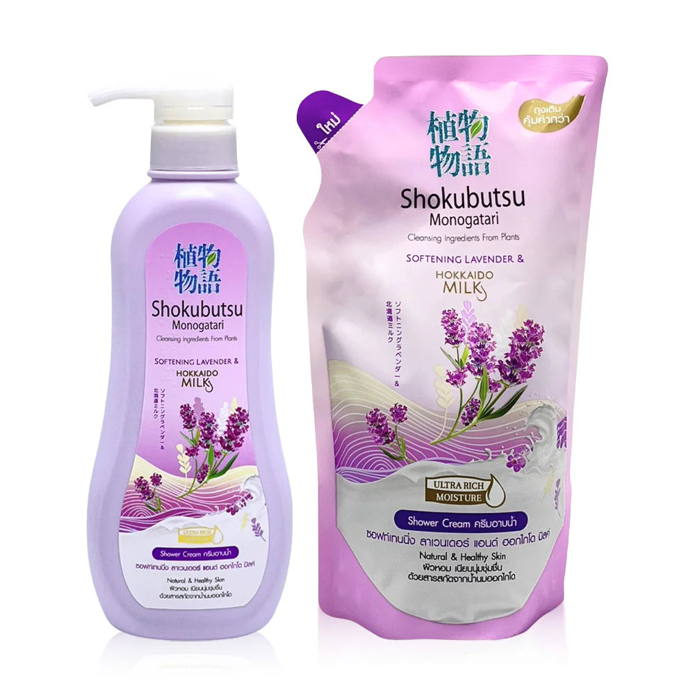 Shokubutsu Monogatari Set 2 Items Softening Lavender & Hokkaido Milk Shower Cream 500ml + Refill 500ml