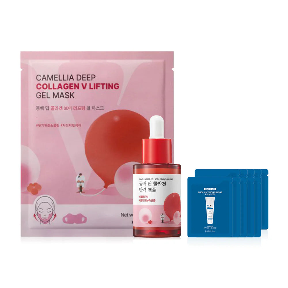 Round Lab Camellia Deep Collagen Firming Gel Mask 34g x 4pcs + Camellia Deep Collagen Firming Ampule 30ml 10 pcs