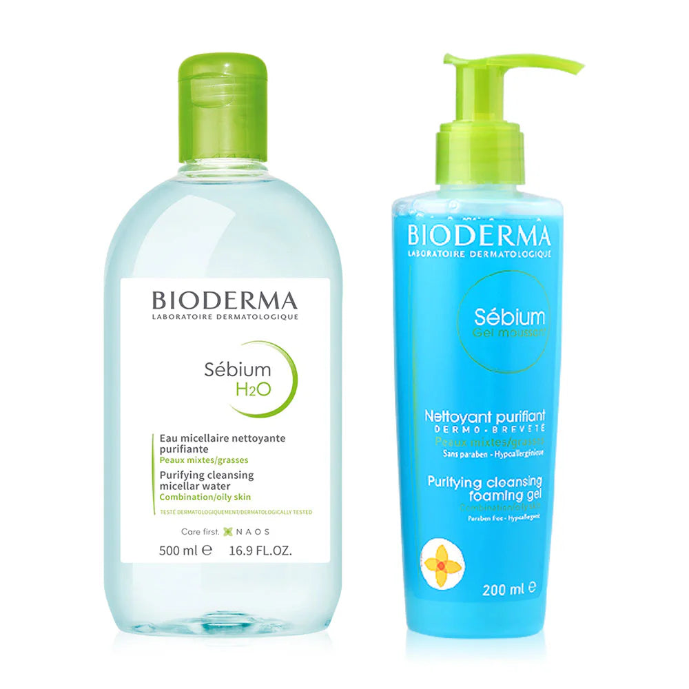 Bioderma Set 2 Items Sebium H2O Cleansing Water 500ml + Gel Moussant 200ml