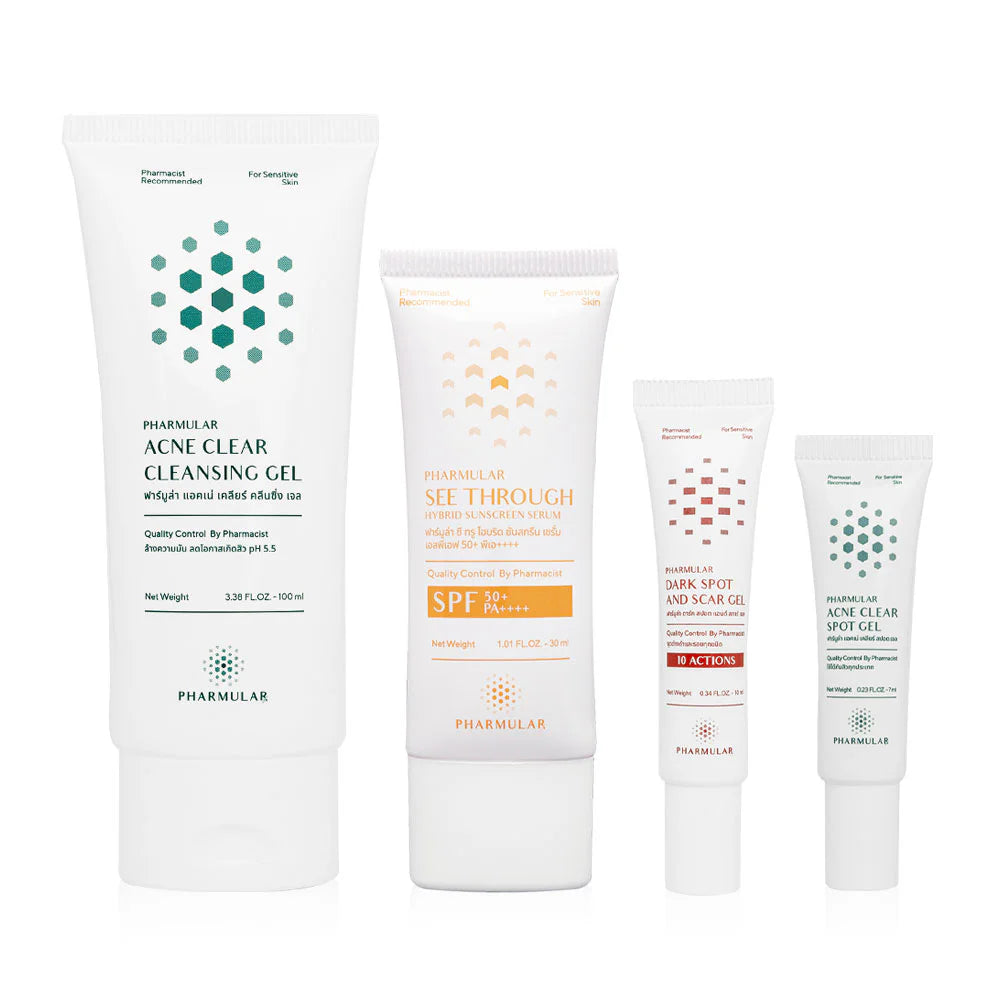 Pharmular Acne Clear Spot Gel 7ml+Cleansing Gel 100ml+Dark Spot And Scar gel 10 ml+Sunscreen Serum SPF 50+ PA++++ 30ml