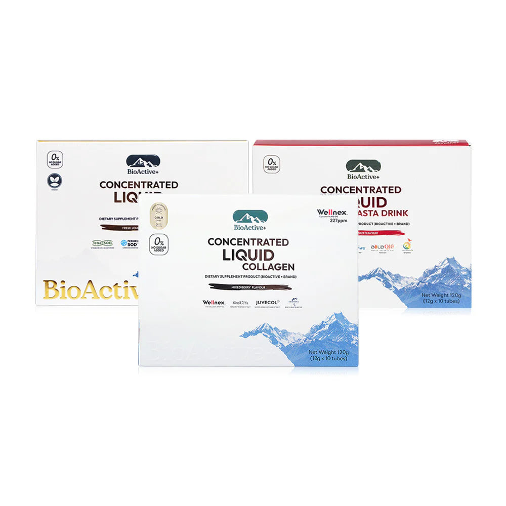 Bioactive+ Set 30+ Collagen Mixed Berry [12g x 10 Tubes] + Astra Drink [12g x 10 Tubes] + Gold Fresh Lemon [12g x 10 Tub