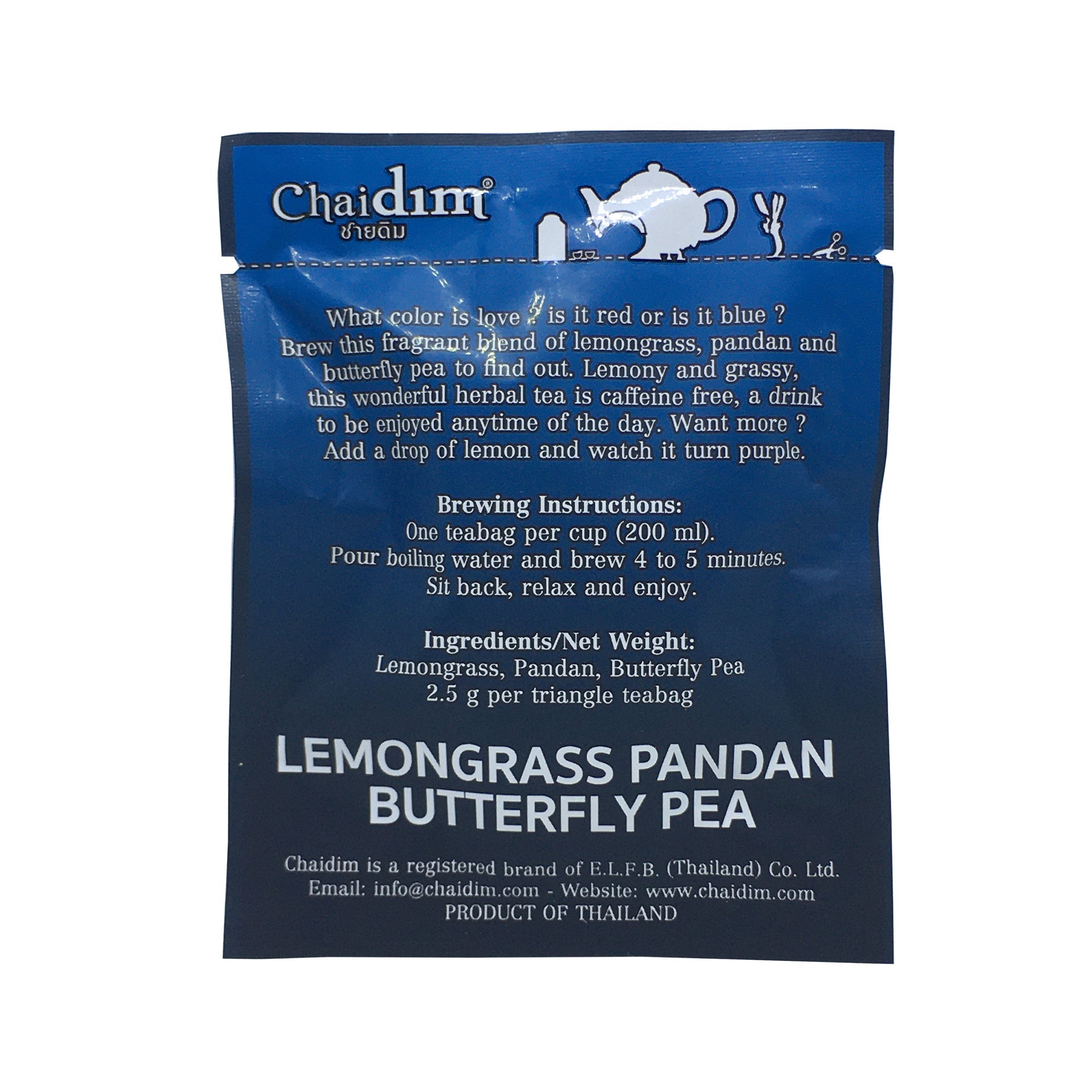 Chaidim Lemongrass Pandan Butterfly Pea Herbal Tea 10 Teabags