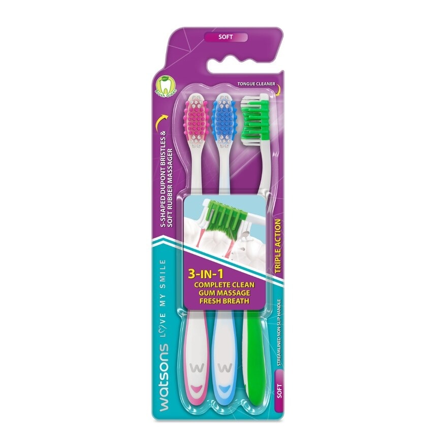 Watsons Triple Action Toothbrush (Soft) 3pcs