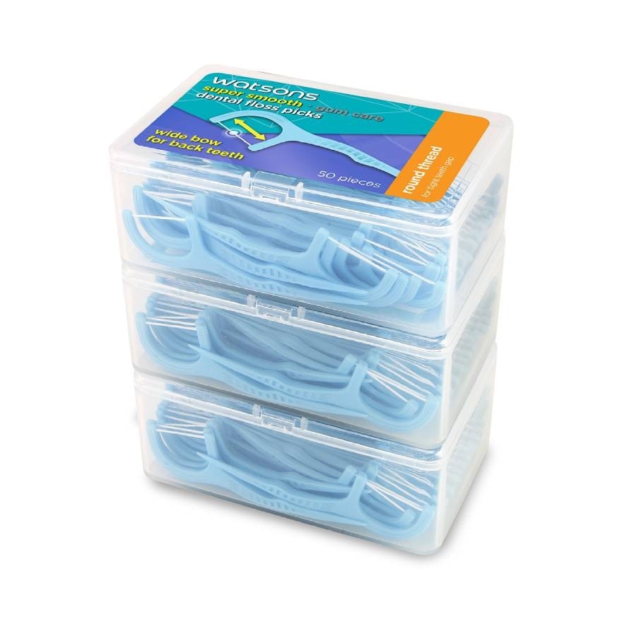 Watsons Super Smooth Round Thread Wide Bow Dental Floss Picks 50pcs x 3 Boxes
