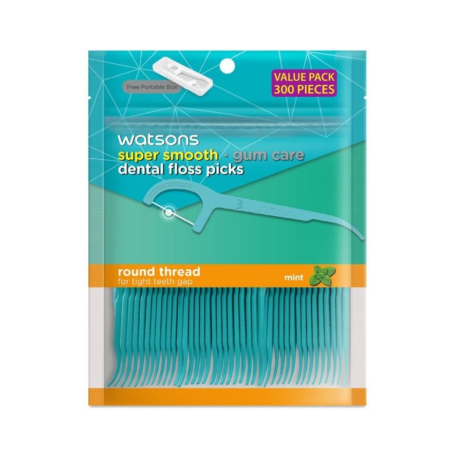 Watsons Super Smooth Mint Round Thread Dental Floss Picks300s with Portable Box