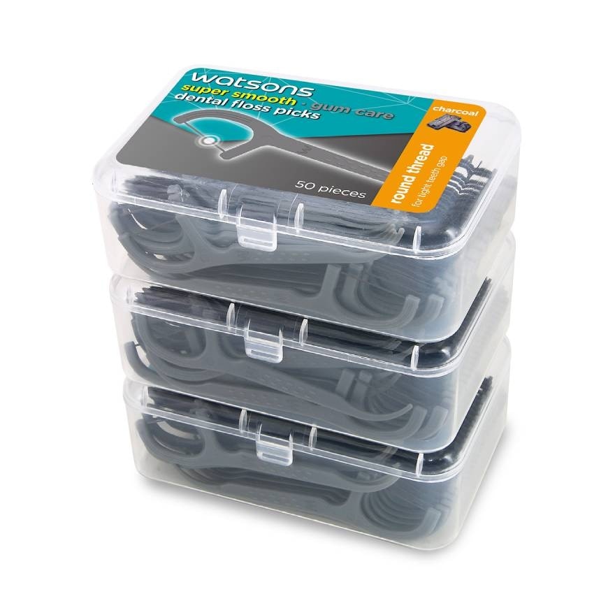 Watsons Super Smooth Charcoal Round Thread Dental Floss Picks 50pcs x 3 Boxes