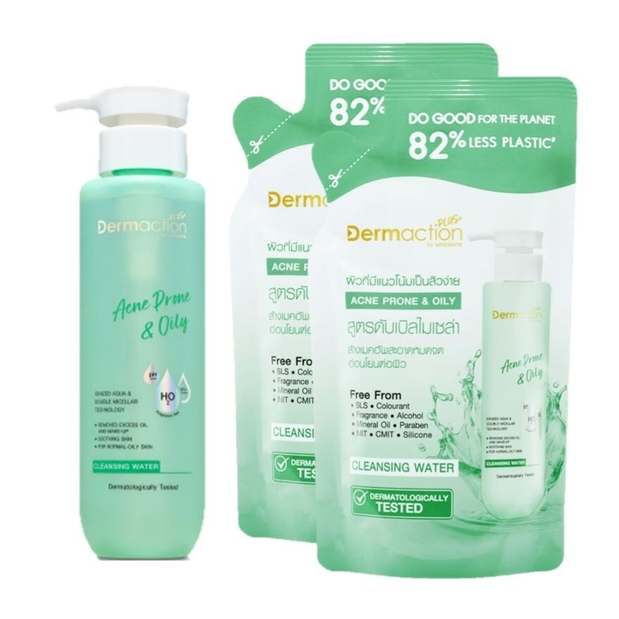 Dermaction Plus by Watsons Acne Prone Oily Cleansing Water+ Refill 2pcs 250ml