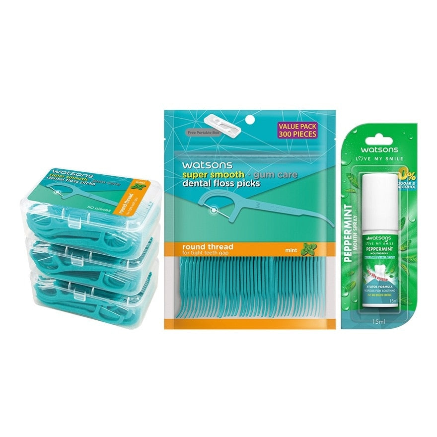 Watsons Super Smooth Mint Round Thread Dental Floss Picks 50s+300pcs Refill+peppermint