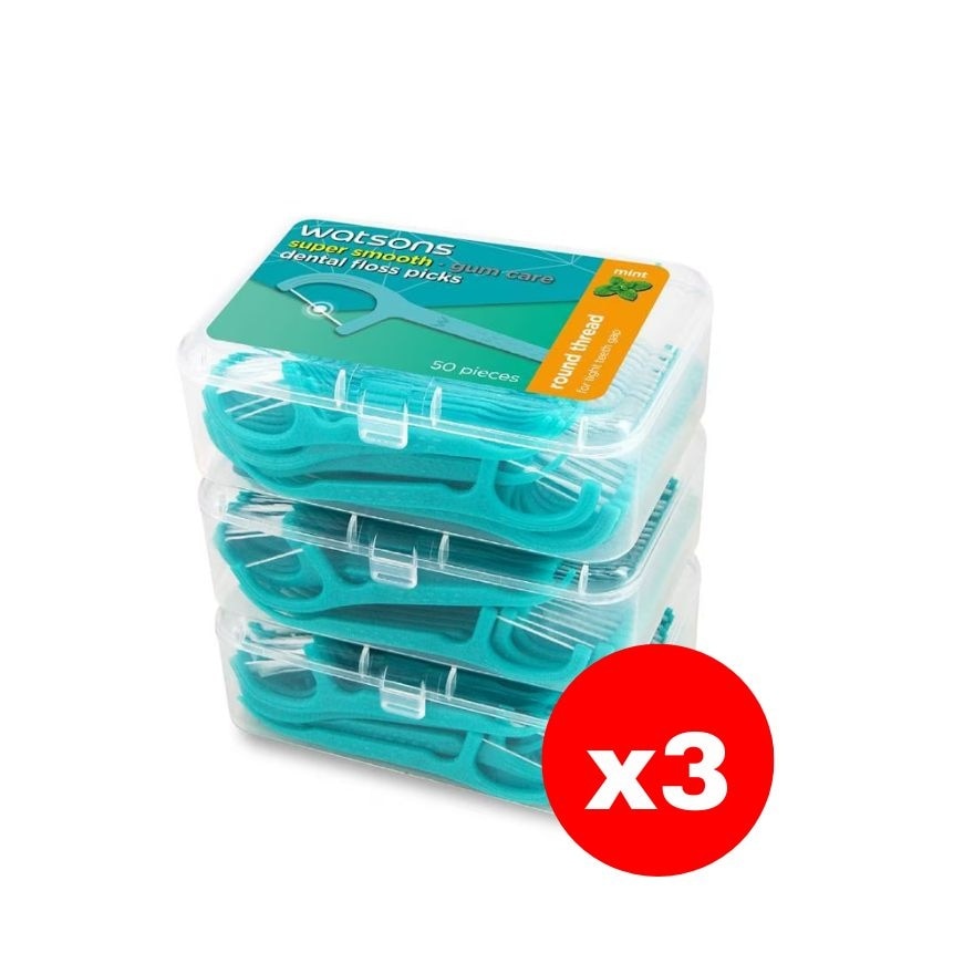 Watsons Super Smooth Mint Round Thread Dental Floss Picks 50pcs x 3 Boxes.x3