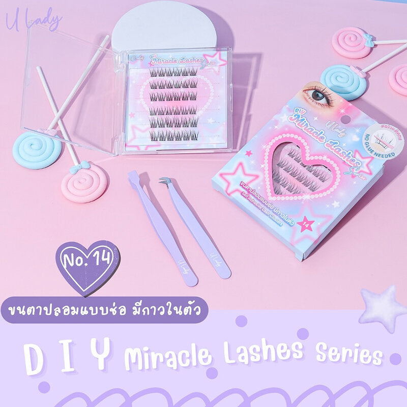 U Lady Miracle Lashes 36pcs #14 False Eyelashes, Cluster Type, Self-Adhesive