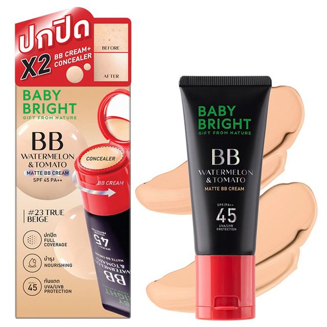 Baby Bright Watermelon & Tomato Matte BB Cream SPF45 PA++ (Free Cover Concealer) 30g #23 True Beige